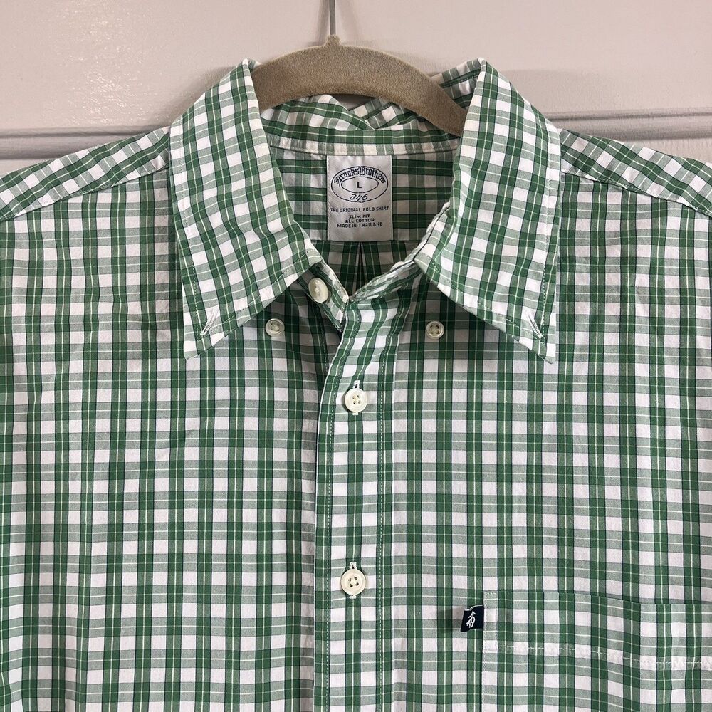Brooks Brothers Shirt Mens L Slim Fit Green Plaid Button Down Long Sleeve Pocket